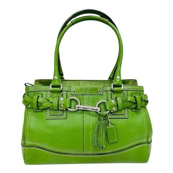 Coach Hamptons Green Pebbled Leather Braided Belt Satchel Handbag Y2K $398 - Picture 2 of 13